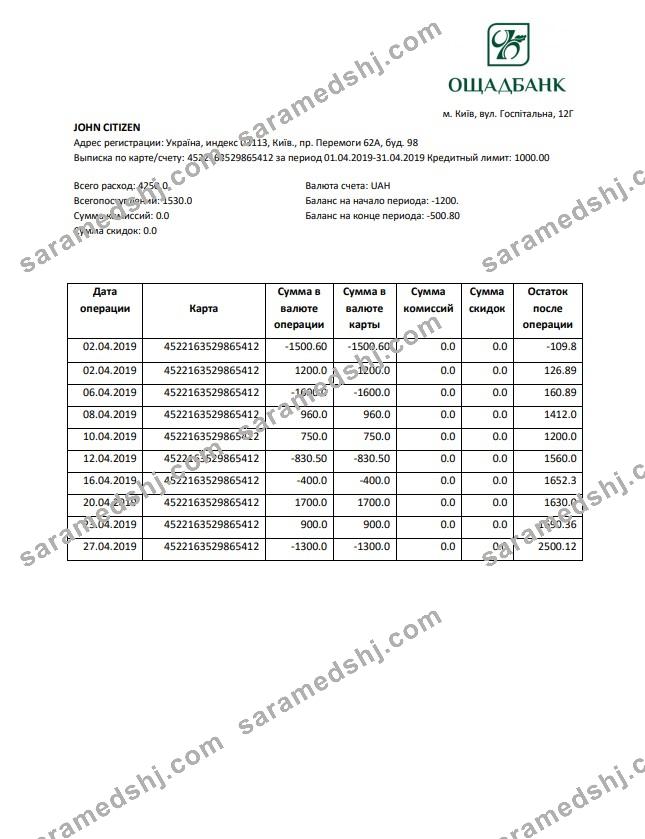 Ukraine Oshadbank statement template in Word and PDF format